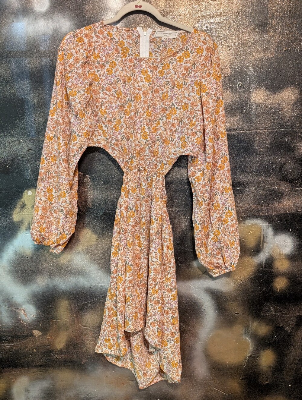 Long-Sleeve Floral Cutout Dress in Mustard and Peach